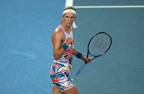 Azarenka of Belarus reacts after winning the first set.