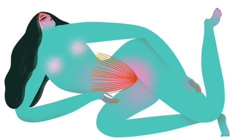 Illustration of woman with red pain lines around genital area
