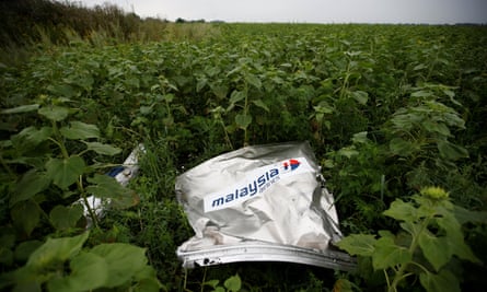 A small piece of wreckage bearing the Malaysia Airlines logo lying in a field of crops