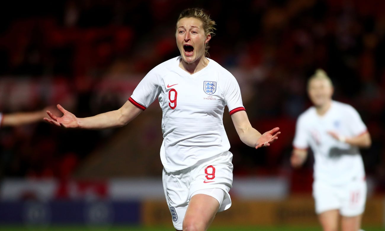 Ellen White celebrates after getting her second goal against Latvia on Tuesday to become the team’s record scorer.