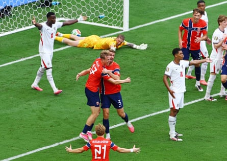 Norway’s Torbjørn Heggem celebrates scoring a goal that was later disallowed with Kristoffer Ajer as England’s Marc Guéhi and Jude Bellingham protest.