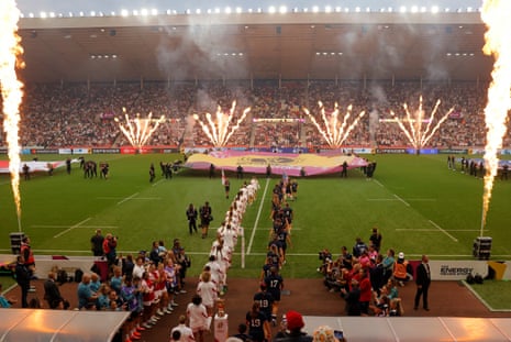 The two teams walk out for kick-off during the opening match of the Women’s Rugby World Cup 2025 between England and USA at the Stadium of Light.