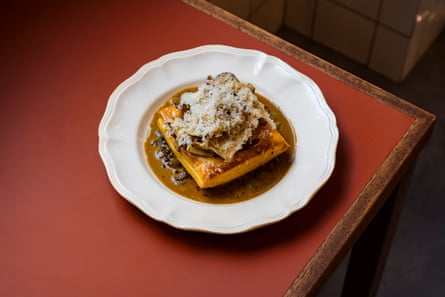 British King Oyster mushroom vol-au-vent with peppercorn and dulse sauce at the Holy Carrot, Spitalfields, London.