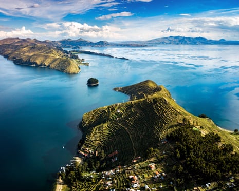 Island of the sun at lake Titicaca in Bolivia aerial panoramic view