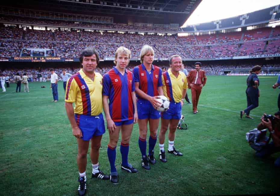 Barcelona’s manager Terry Venables (left) with his new signing Steve Archibald, Bernd Schuster and his assistant Allan Harris in July 1984.
