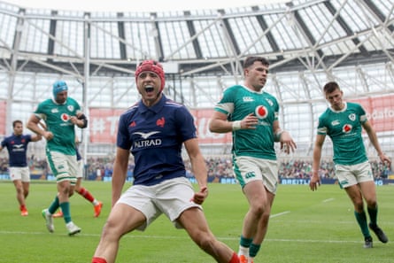 Louis Bielle-Biarrey roars with delight as he gets the scoring under way in France’s 42-27 victory against Ireland in Dublin last March