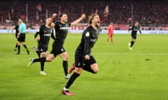 Lucas Höler celebrates Freiburg’s second, and winning goal, against Bayern.
