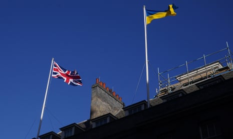 A Ukrainian flag flies above 10 Downing Street