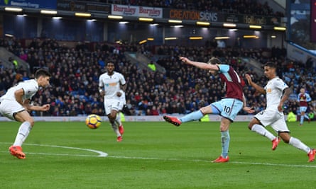 Ashley Barnes scores Burnley’s second goal of the game during their win over Swansea