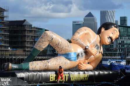 An inflatable Borat floats down the River Thames in London to promote the release of Borat Subsequent Moviefilm.