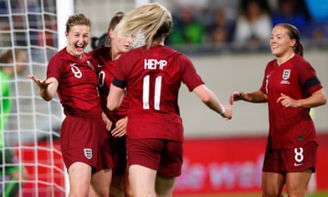 Ellen White of England celebrates with teammates after opening the scoring against Luxembourg