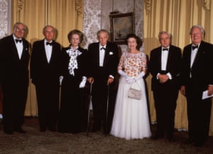 1985: the Queen at 10 Downing Street to celebrate 250 years of it being the official residence of the British prime minister, with former and current leaders (l to r) James Callaghan, Sir Alec Douglas-Home, Margaret Thatcher, Harold Macmillan, Harold Wilson and Ted Heath