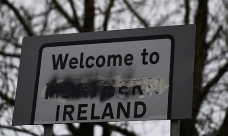 A defaced ‘Welcome to Northern Ireland’ sign stands on the border in Middletown, Armagh.