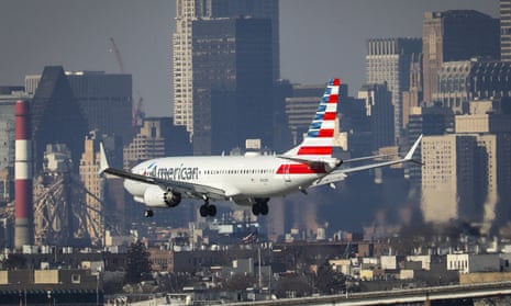 An American Airlines Boeing 737 Max 8, on a flight from Miami to New York City, lands at LaGuardia Airport on Monday morning.
