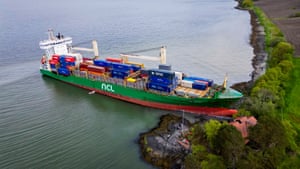 Large container ship after it ran aground