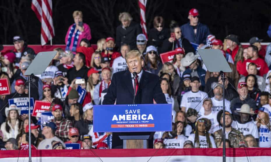 Donald speaks to a crowd a rally at the Montgomery county fairgrounds on Saturday, in Conroe, Texas.