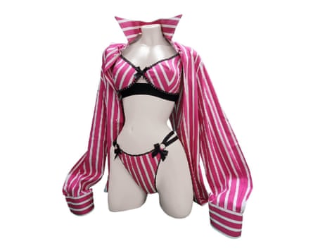 Buttress & Snatch Shirt Cut Gift Set. A bra and knickers are modelled on a mannequin torso in the same pink striped material of the shirt draped over the mannequin.