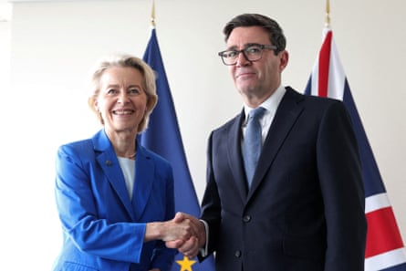 Andy Burnham and Ursula von der Leyen shaking hands in front of EU and UK flags.