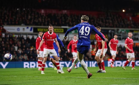Chelsea’s Alejandro Garnacho scores their third goal.