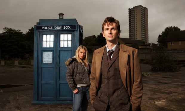 David Tennant as the Doctor and Billie Piper as his companion Rose Tyler in front of the Tardis