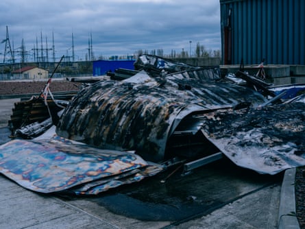 The remains of the new safe confinement shelter after it was severely damaged in a Russian drone attack