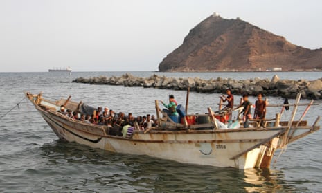 Migrants and refugees in a boat off Aden, Yemen