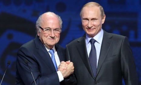 Vladimir Putin with former Fifa president Sepp Blatter at last year’s preliminary draw for the 2018 World Cup qualifiers.