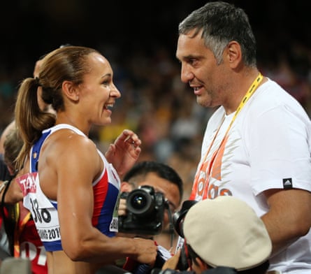 Jess Ennis-Hill celebrates with her coach Toni Minichiello after winning heptathlon gold medal at the 2015 IAAF World Championships.