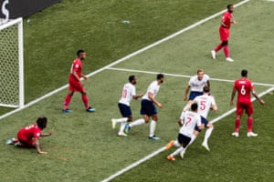 England’s John Stones celebrates his goal with Harry Kane, Ruben Loftus-Cheek, Raheem Sterling and Jesse Lingard during their win 6-1 over Panama at the Nizhniy Novgorod Stadium.