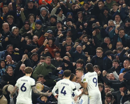 Jaka Bijol celebrates in front of the fans after scoring Leeds United’s first goal against Chelsea.