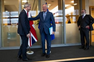 UK Brexit secretary Stephen Barclay is welcomed by European Union chief Brexit negotiator Michel Barnier before their meeting in Brussels