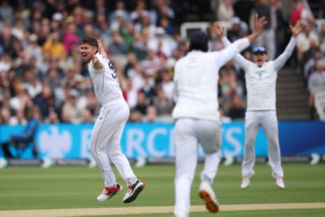 Josh Tongue takes the wicket of Tom Blundell