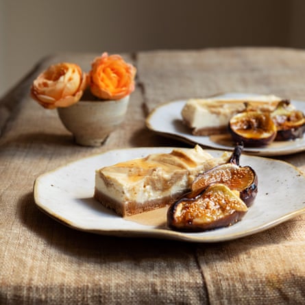 Nigel Slater’s tahini cheesecake with figs and honey.