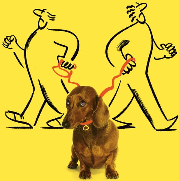 Composite of an illustration of a two people walking away from each other, holding leads attached to a photo of a daschund looking sad