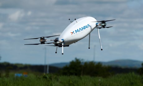 A drone operated by Manna, which has a licence to operate in Ireland and has teamed up with Tesco, delivering essential household and medical supplies in in May.