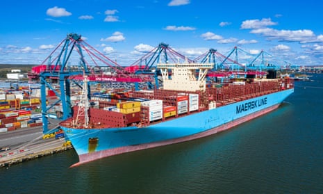The container ship Maersk Murcia sits moored to a terminal in the port of Gothenburg, on the west coast of Sweden.