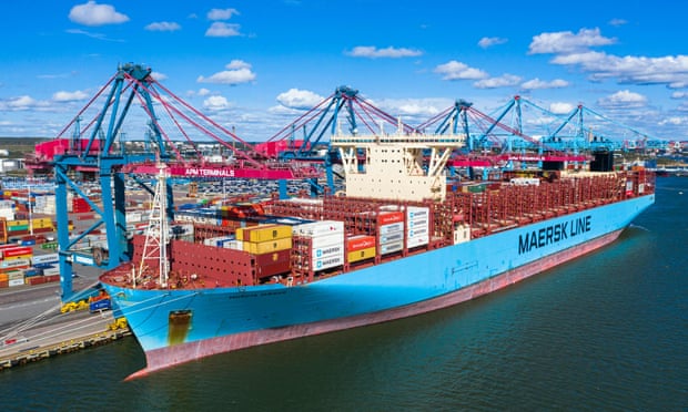 The container ship Maersk Murcia sits moored to a terminal in the port of Gothenburg, Sweden