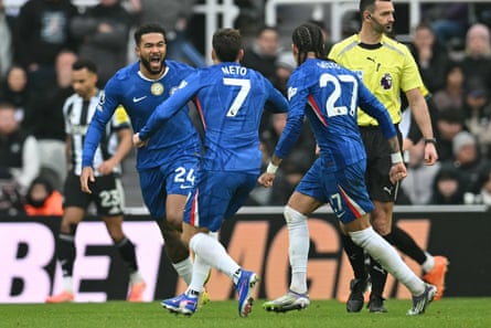 Reece James celebrates scoring for Chelsea against Newcastle.