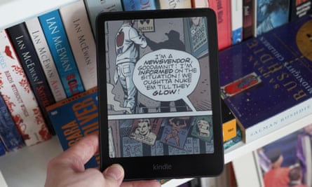 A zoomed-in panel of a comic book on the screen of a Kindle Colorsoft.