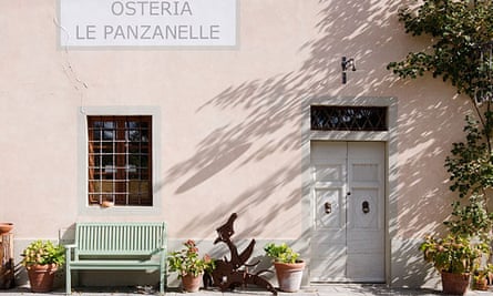 Exterior shot of the facade of Osteria Le Panzanelle restaurant near Panzano, Tuscany, Italy.