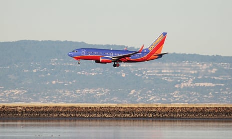 A Southwest Airlines plane prepares for landing.