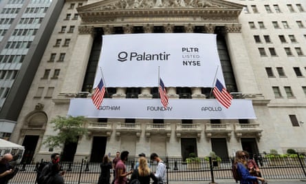 A Palantir banner outside the New York Stock Exchange on the day of its initial public offering in New York on 30 September 30, 2020.