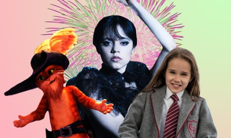 Composite image of Puss in Boots, Jenna Ortega as Wednesday Addams and Alisha Weir as Matlida