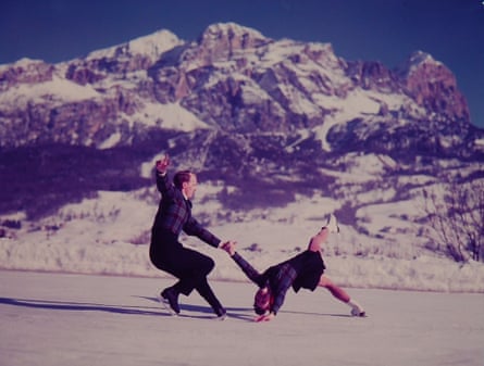 A man and a woman figure skating during the Winter Olympics in Cortina d’Ampezzo, Italy, 1956.