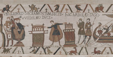 An image from the tapestry shows Harold touching relics as he swears fealty to William sitting on a throne.
