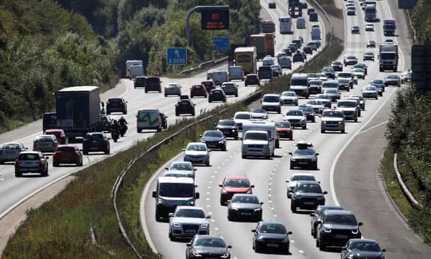 Road traffic along the M3 motorway near Winchester in Hampshire