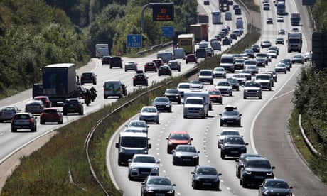 Traffic on the busy M3 motorway in Hampshire.