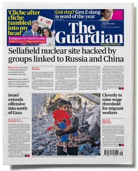 The Guardian’s front page on Sellafield in December, part of the Nuclear Leaks investigation.