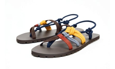 Orange, blue and red strappy sandals with a brown sole