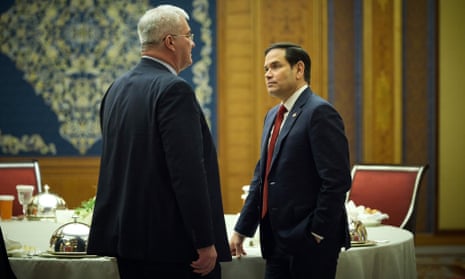 US state secretary Marco Rubio (R) and Ukraine’s Foreign Affairs Minister Andrii Sybiha speaking as they attend the Ukrainian and US delegations meeting in Jeddah, Saudi Arabia.